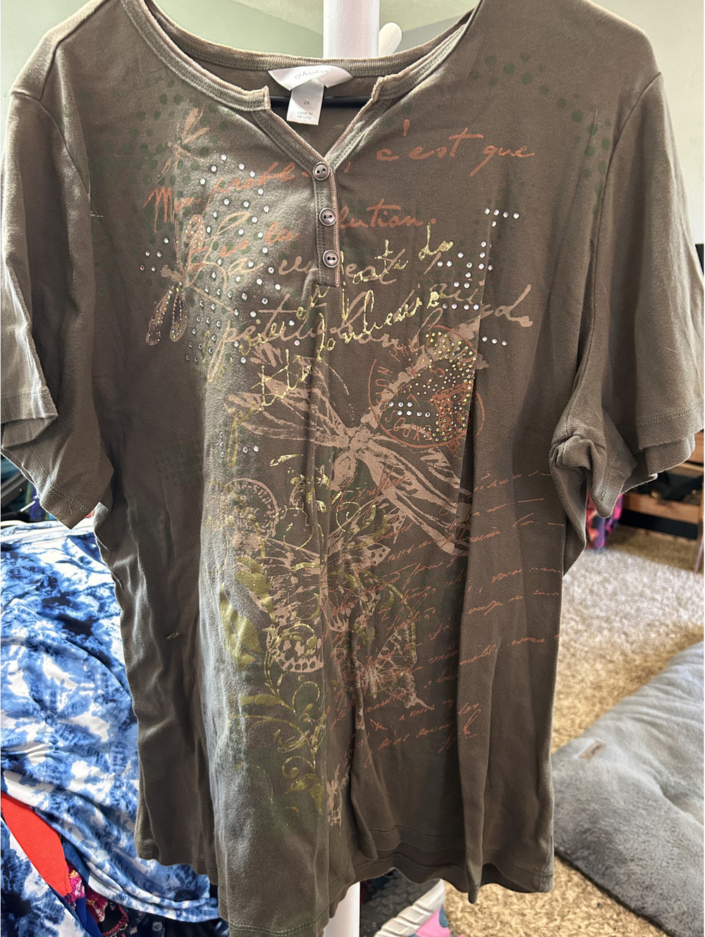 cj banks Women's 2X Brown Cotton Button-Up T-Shirt with Rhinestone Detail
